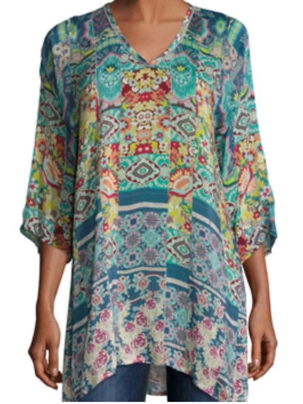 Johnny Was Anita tunic Top Multi Patchwork Print V-Neck